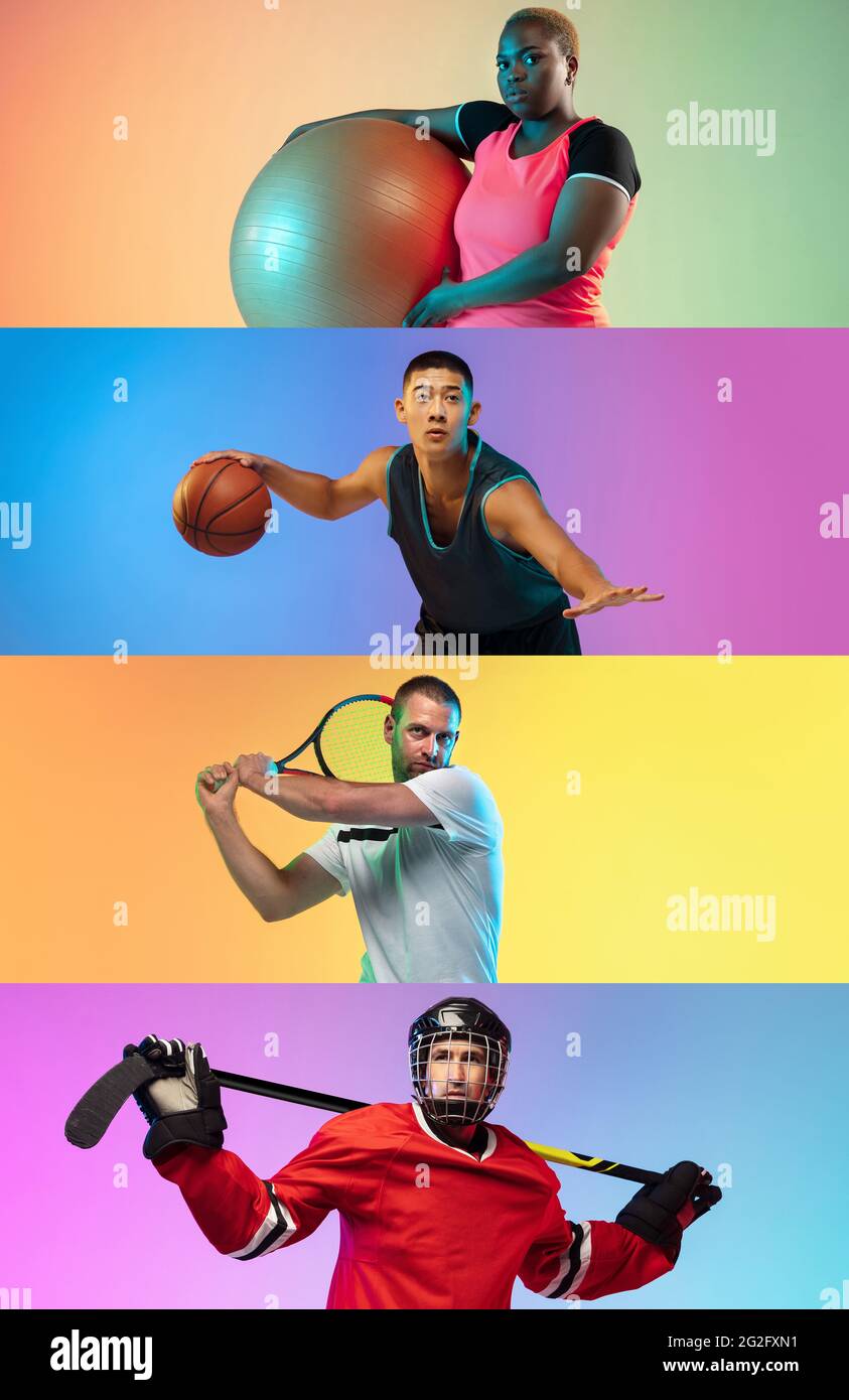 Collage of different professional sportsmen, fit people isolated on color background. Flyer. Stock Photo