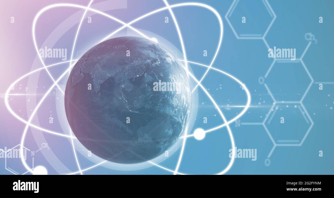 Composition of network of connections with chemical compounds over globe Stock Photo