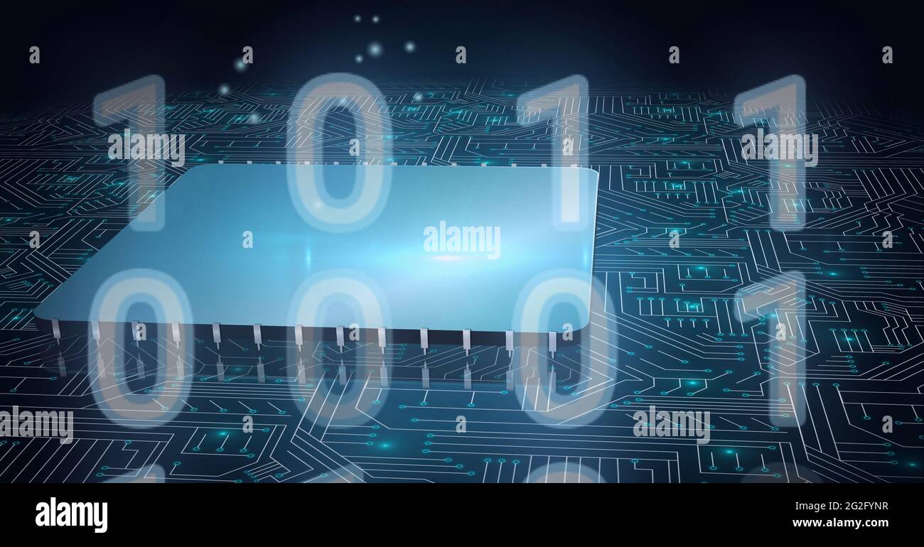 Composition of binary coding over computer circuit board Stock Photo