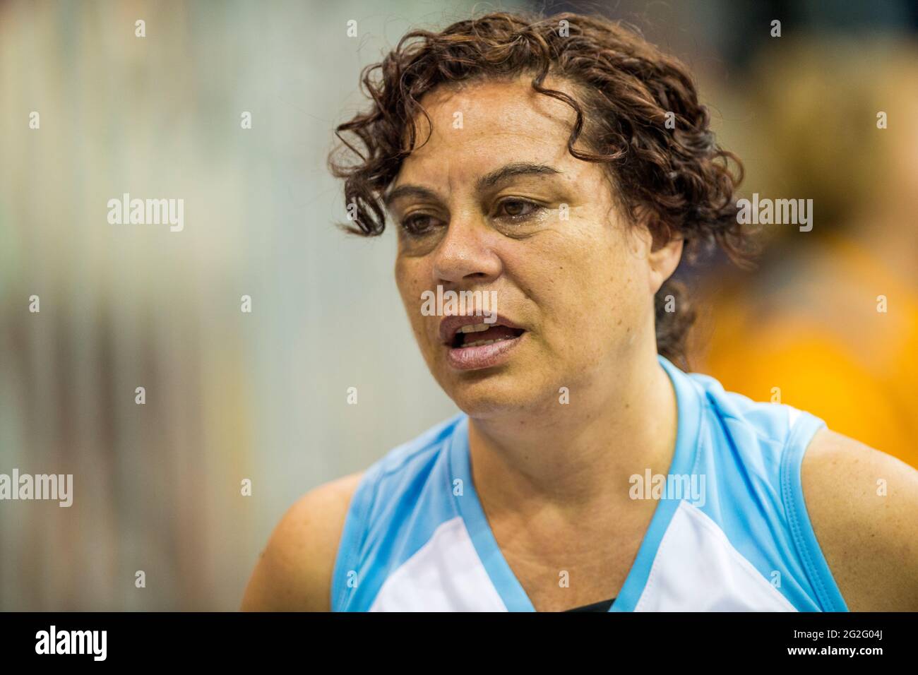 Alejandra Alonso cries when Brazil defeats Argentina and wins the Bronze Medal in the finals of the Women's Wheelchair Basketball during the Parapan A Stock Photo