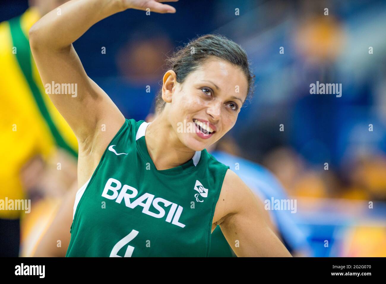 Ivanilde Silva is happy when Brazil defeats Argentina and wins the Bronze Medal in the finals of the Women's Wheelchair Basketball during the Parapan Stock Photo