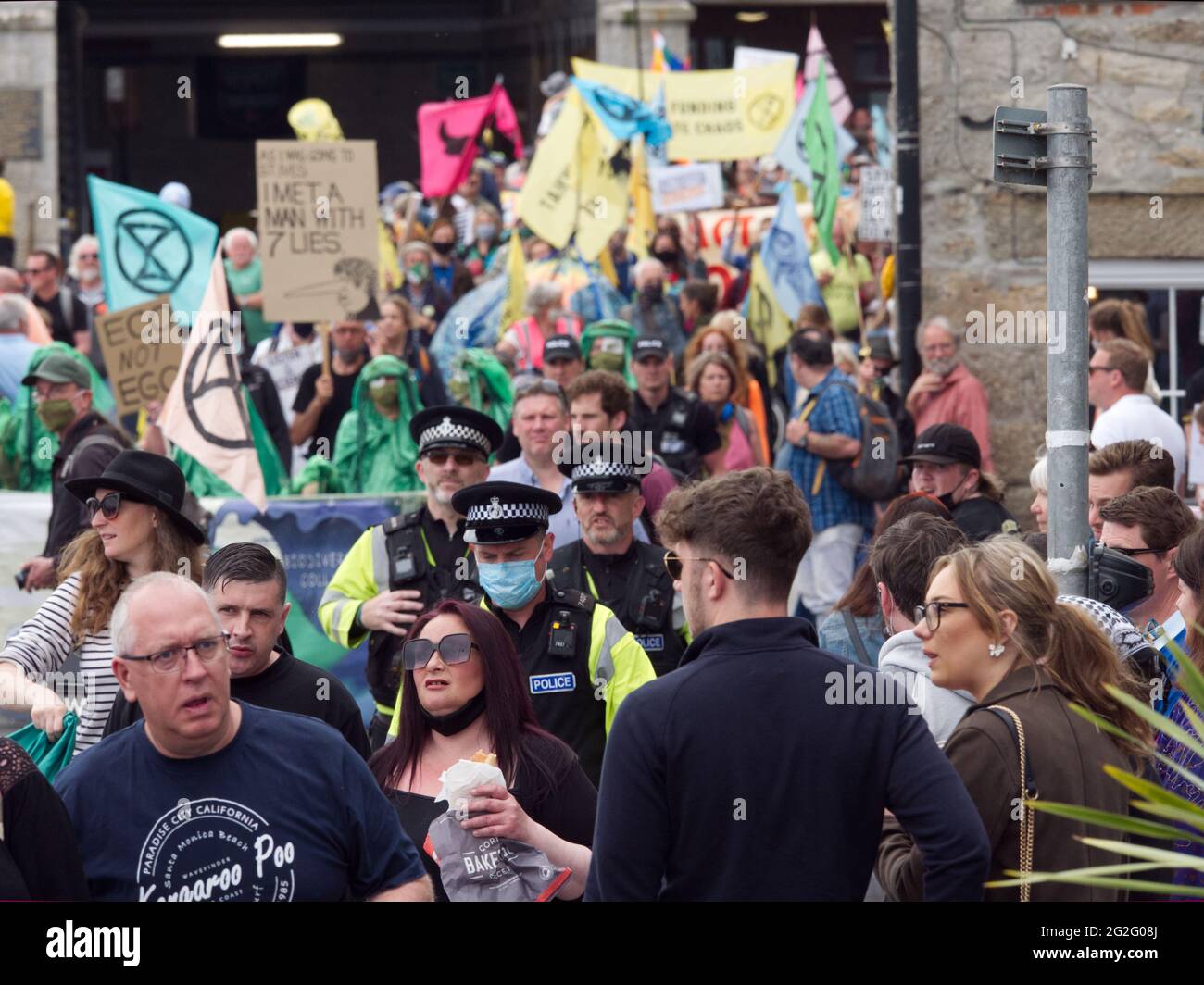St Ives Cornwall. G7, Extinction Rebellion Group protest on the streets of St Ives. Carbis Bay next door  is housing the leaders of the G7 group. 11th June 2021. Credit: Robert Taylor/Alamy Live News Stock Photo