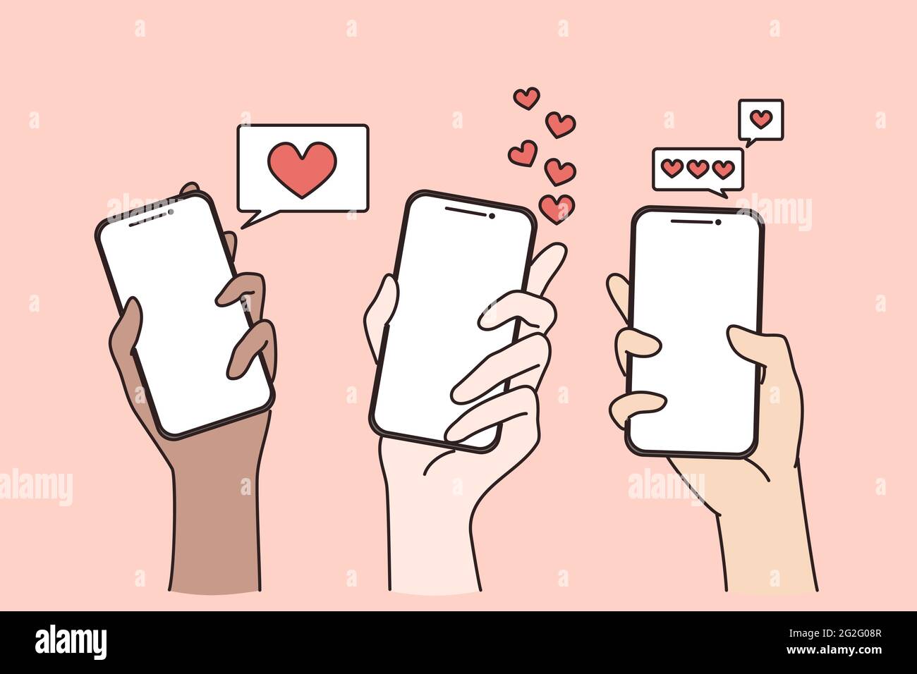 Dating in internet and online chat concept. Human hands holding smartphones with likes and hearts in application online vector illustration Stock Vector