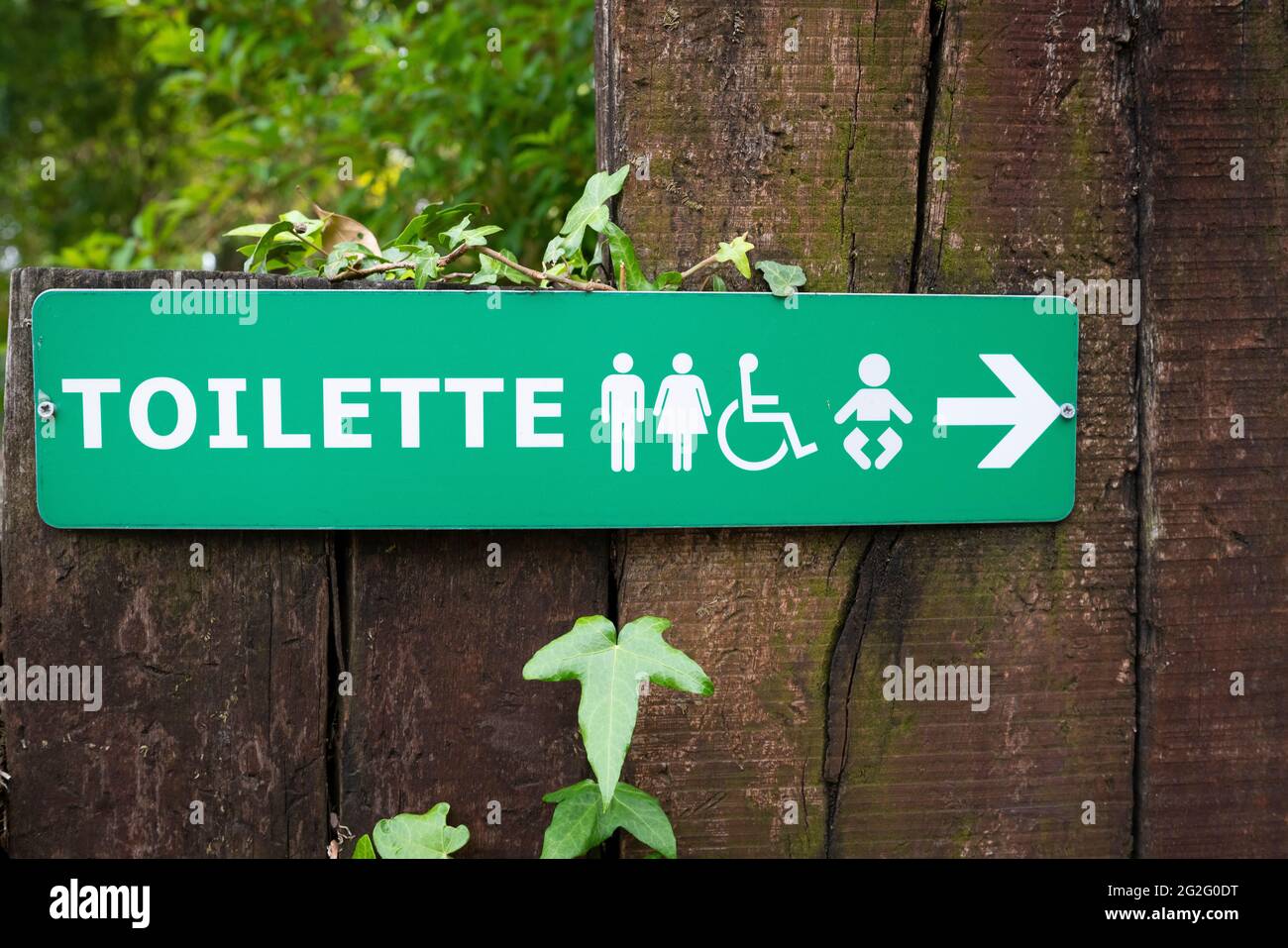 Green direction sign toilette, men ,women,kids and disabled. Stock Photo