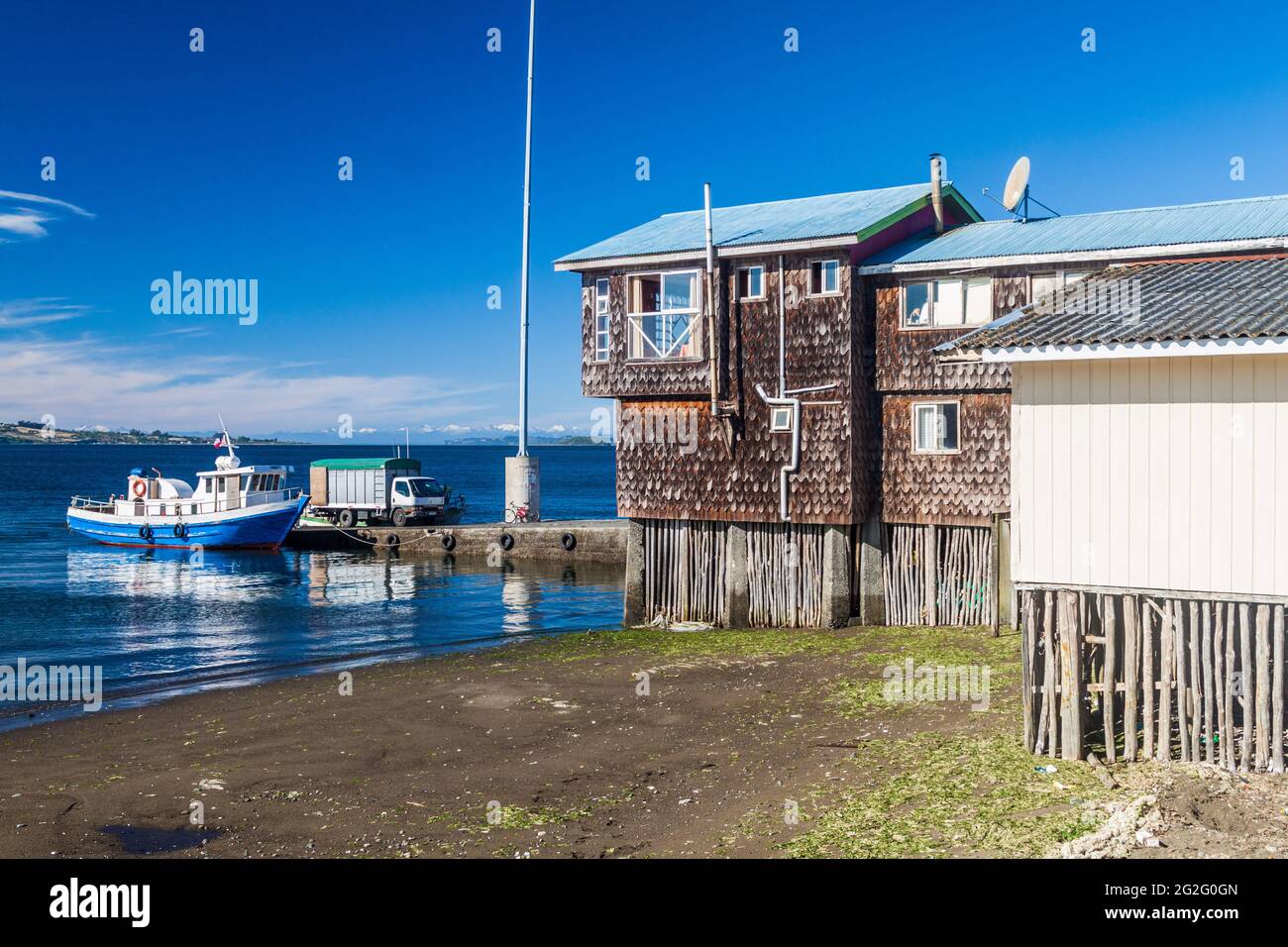 Boats in Achao village, Quinchao island, Chile Stock Photo