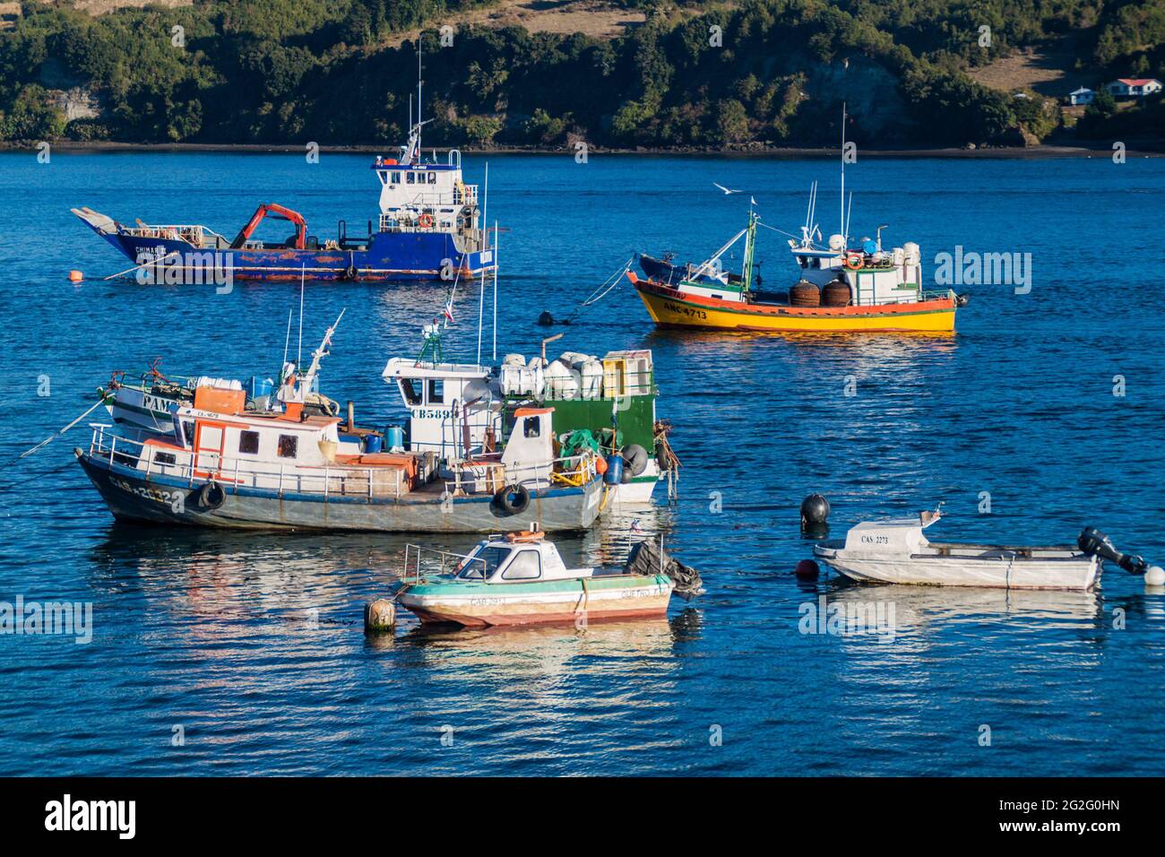 DALCAHUE, CHILE - MARCH 21, 2015: Fishing boats in Dalcahue village, Chiloe island, Chile Stock Photo