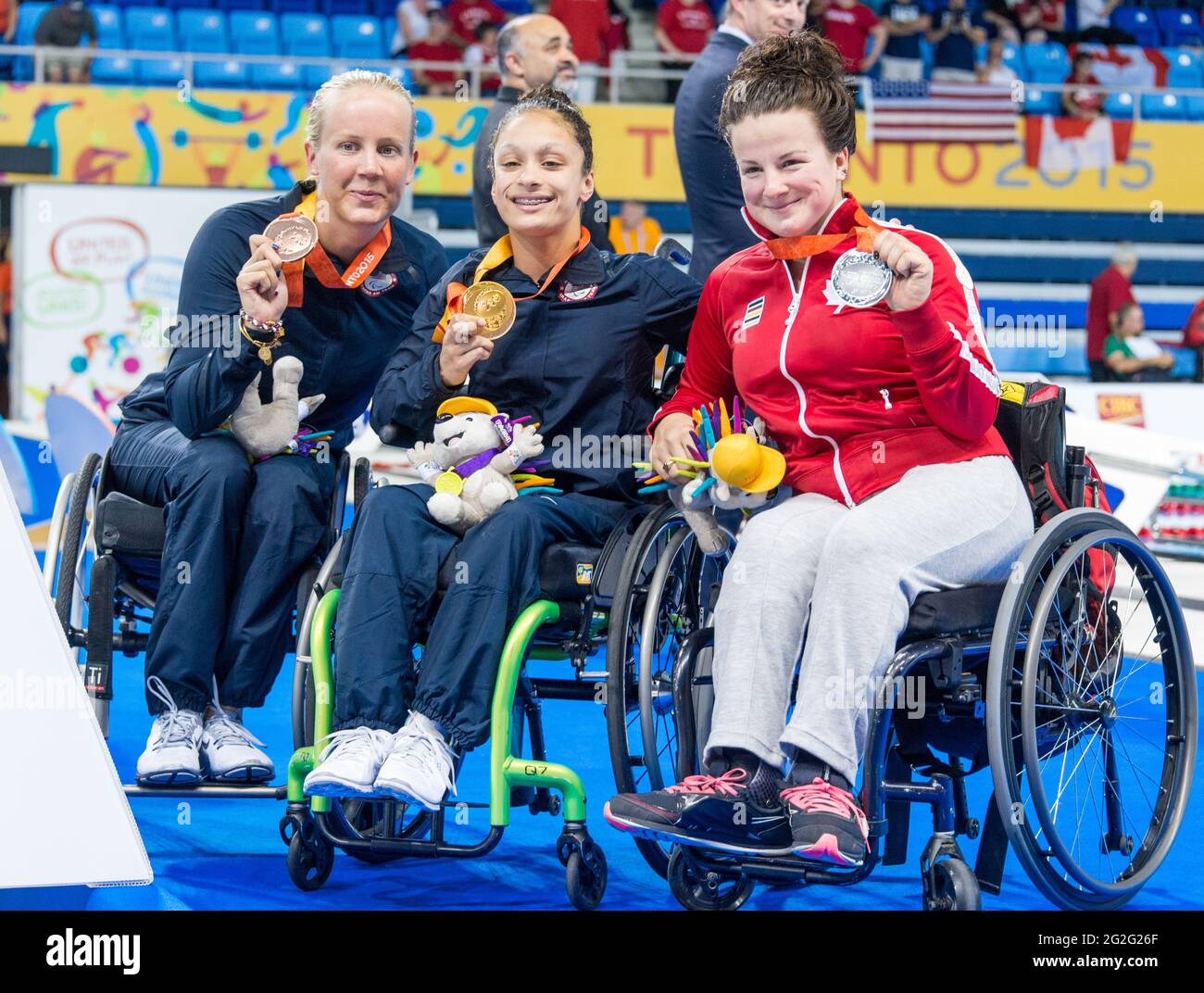 Parapan Am Games, swimming competition women, 100m backstroke, medal ceremony. Ahalya Lettenbergen (center) from USA wins Gold, Camille Berube (right) Stock Photo