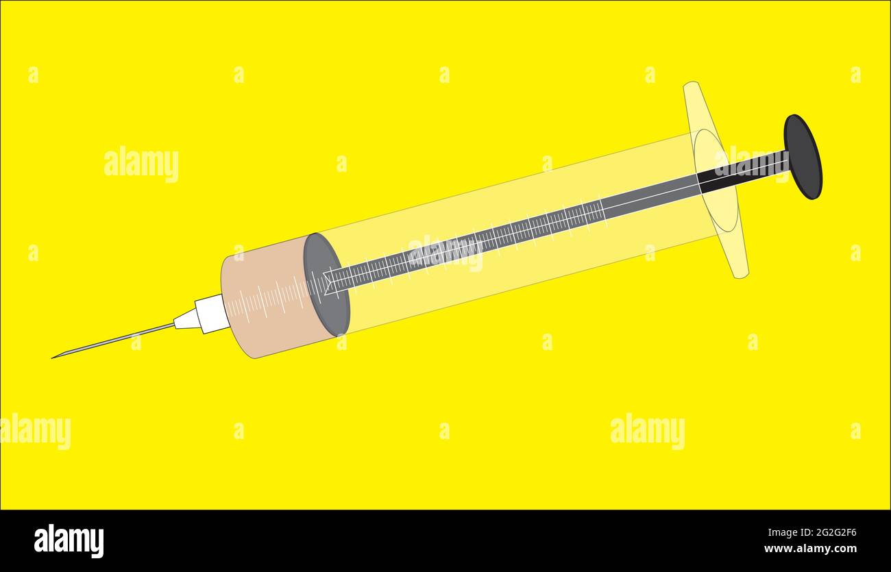 Vector illustration of a Syringe Covid 19 vaccine jab, 45ml liquid, semi transparent on yellow background (layer) Stock Vector