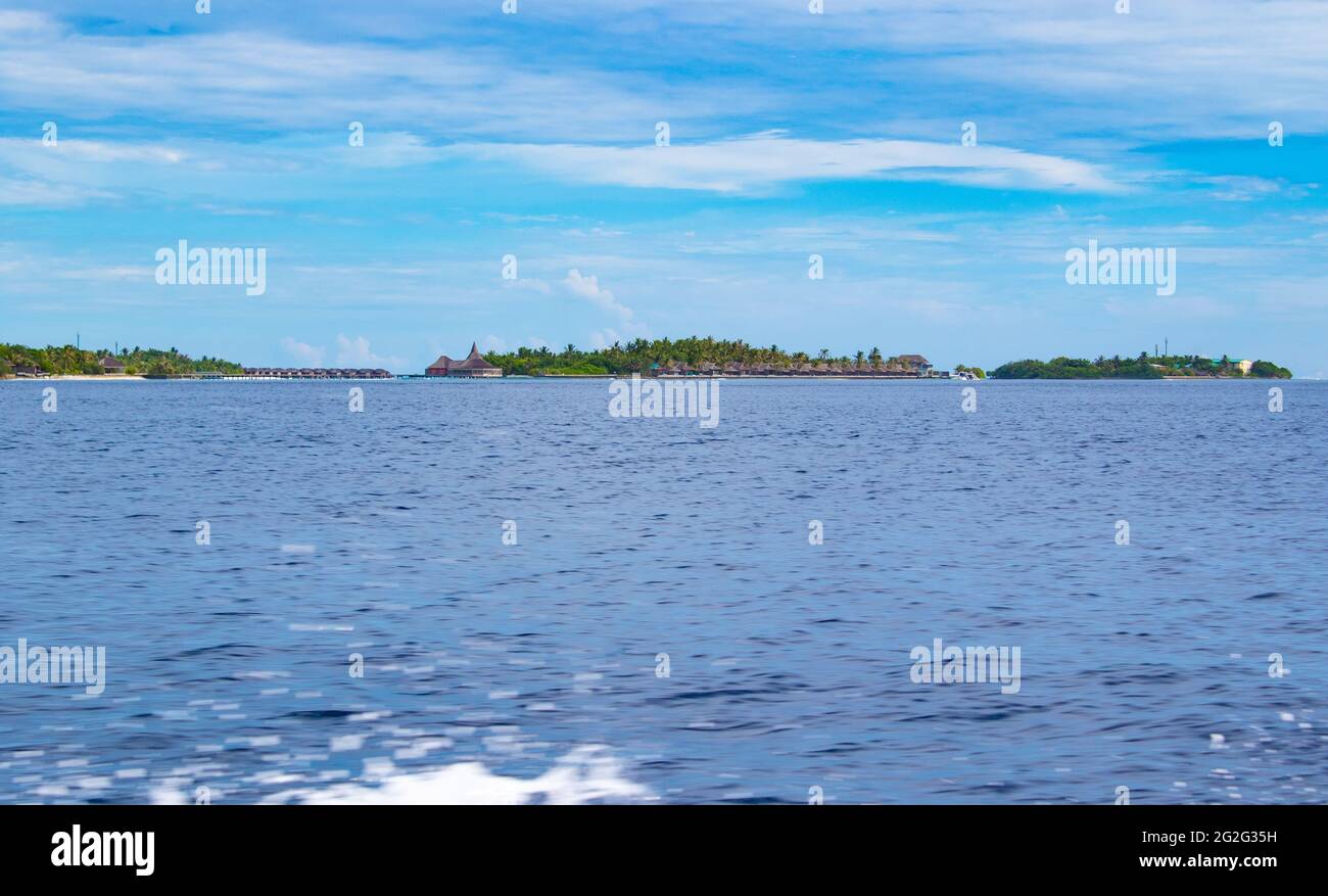 View of Villingillivaru island and Biyaadhoo or Biyadhoo- a circular ten-acre resort-island in South Malé Atoll,Kaafu Atoll ,Maldives.May 2021 Stock Photo