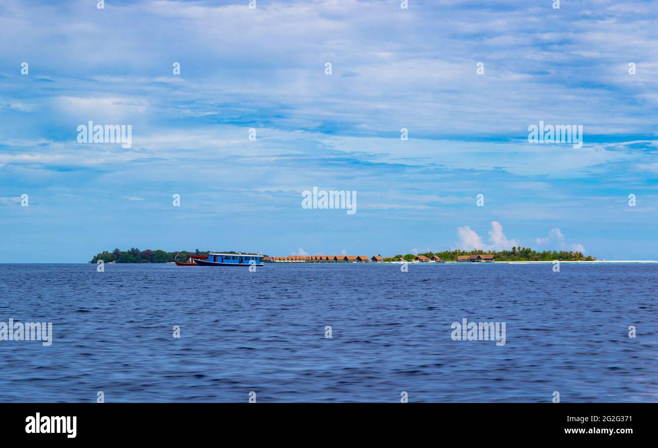 View of Villingillivaru island and Biyaadhoo or Biyadhoo- a circular ten-acre resort-island in South Malé Atoll,Kaafu Atoll ,Maldives.May 2021 Stock Photo