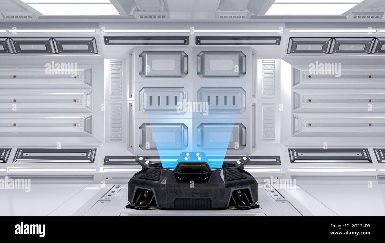 Blank blue hologram projector machine in futuristic sci fi room for mock up, 3d rendering Stock Photo