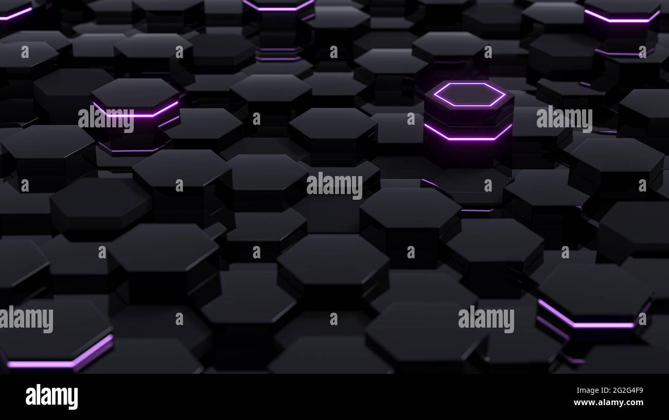 Black abstract futuristic hexagonal background with purple light, 3D ...