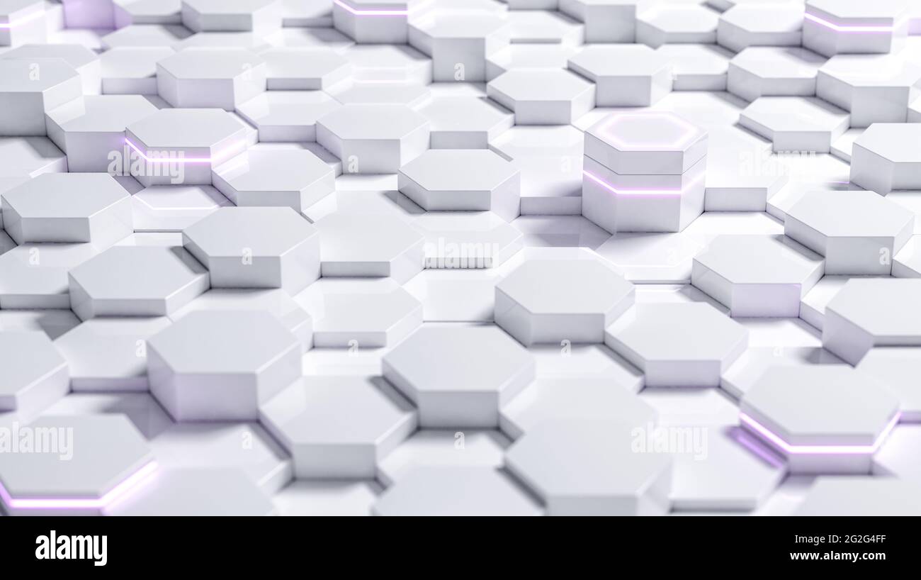 White abstract futuristic hexagonal background with purple light, 3D ...