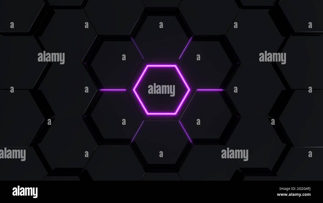 Black abstract futuristic hexagonal background with purple light, 3D ...