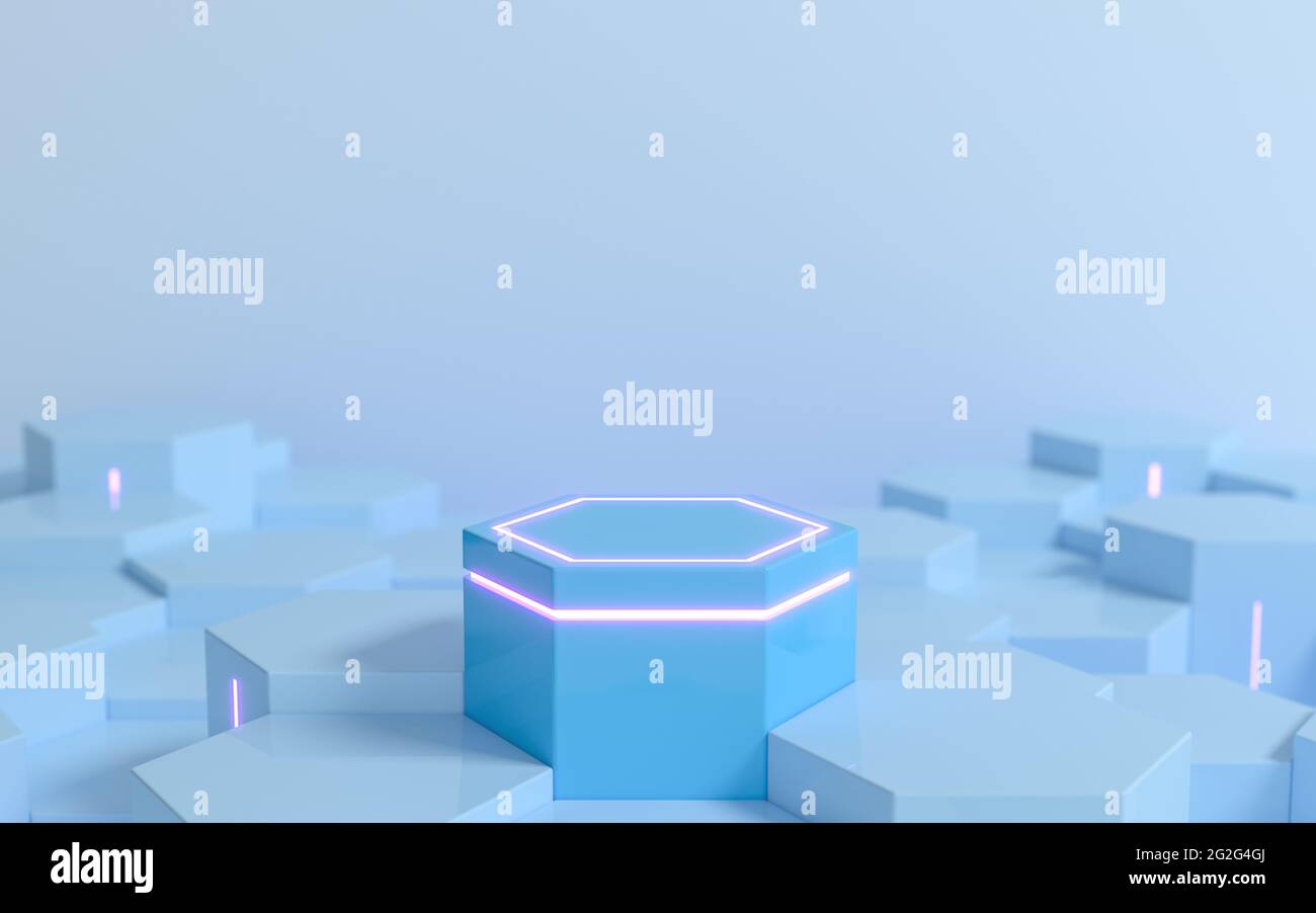 Futuristic blue hexagonal sci-fi pedestal with purple neon light for display product showcase, 3d rendering Stock Photo