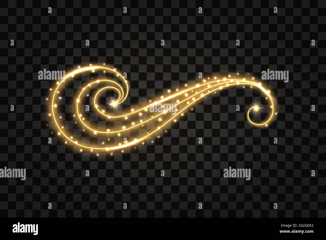 Flourish design element with gold glow effect. Decorative swirl with golden glittering, sparkles, shiny stars and dust particles. Vector illustration Stock Vector