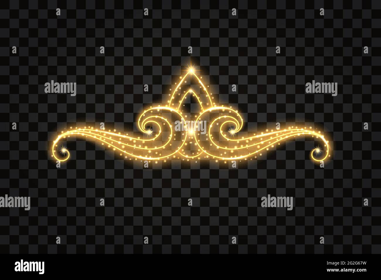 Flourish design element with gold glow effect. Decorative swirl with golden glittering, sparkles, shiny stars and dust particles. Vector illustration Stock Vector