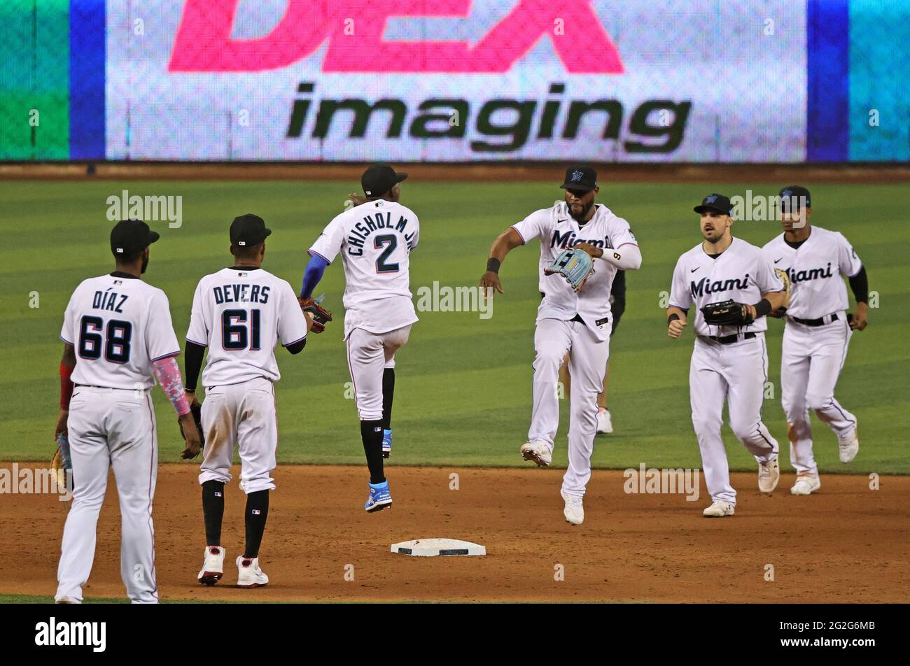 Miami Marlins players celebrate their 11-4 win over the Colorado Rockies at loanDepot park on Thursday, June 10, 2021 in Miami, Florida. (Photo by David Santiago/Miami Herald/TNS/Sipa USA) Stock Photo