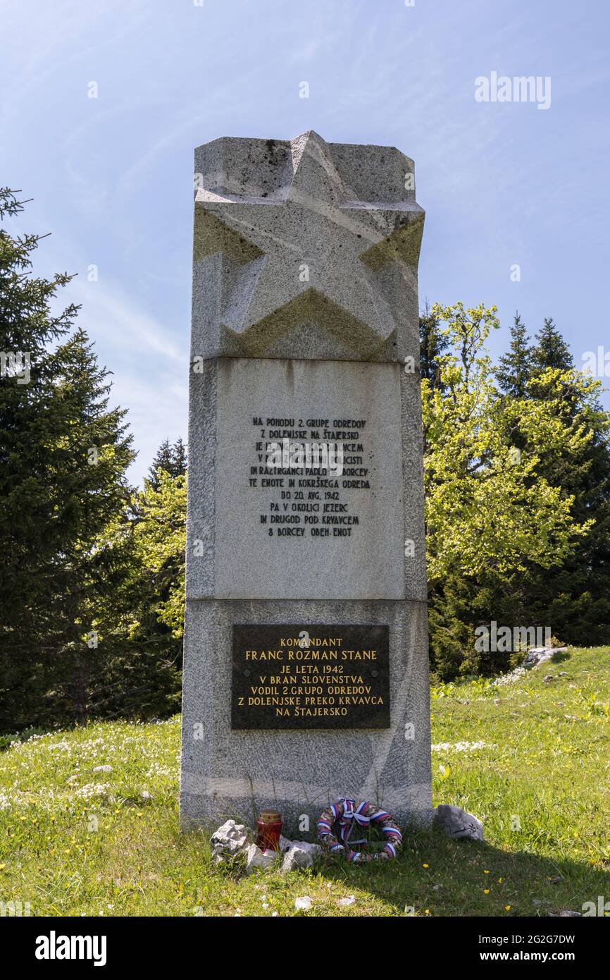 Memorial dedicated to fallen partisans in World War II - Planina Jezerca, Krvavec, Slovenia Stock Photo