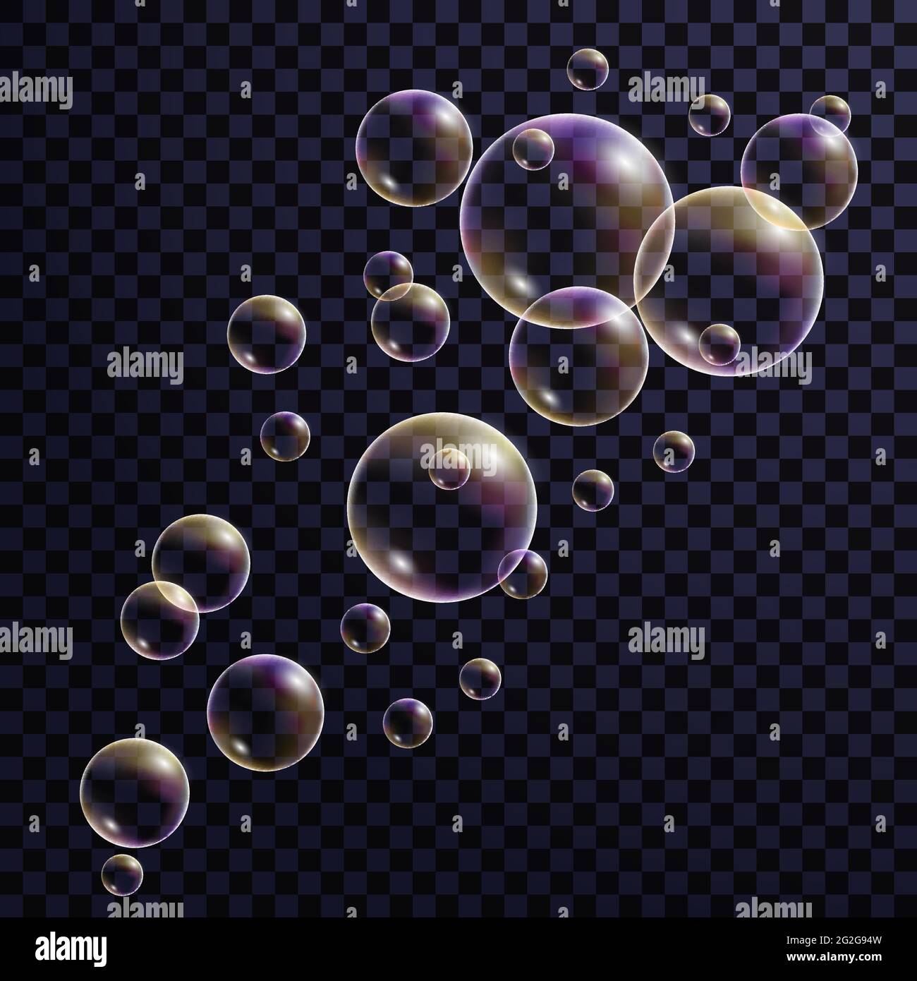 Rainbow soap Bubbles stream. Design elements on transparent background, colorful shampoo foam. Vector illustration Stock Vector