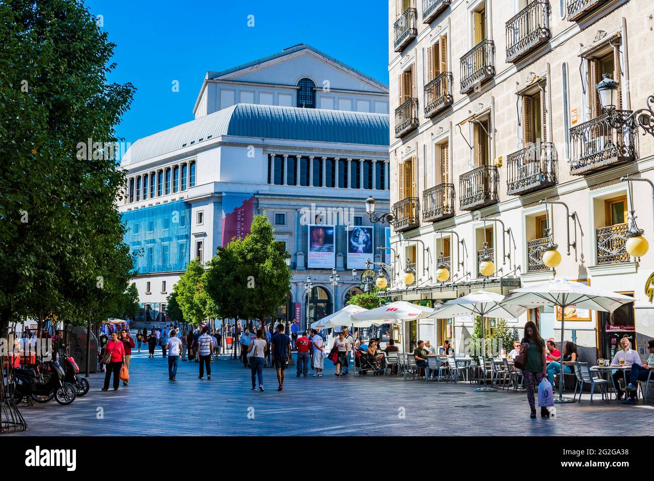 View of Arenal street with the Royal Theater in the background. Facade of Teatro Real, Royal Theatre, or simply El Real. Is a major opera house locate Stock Photo