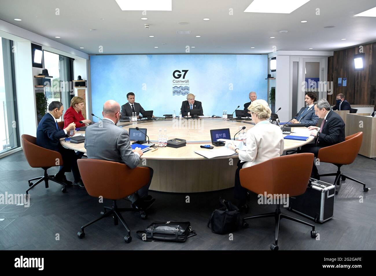 Newquay, UK. 11th June, 2021. Members and guests of the G7 are pictured meeting in the Plenary Room at the Carbis Bay Hotel on June 11, 2021, during the G7 summit in Cornwall, United Kingdom. Photo by Karwai Tang/G7 Cornwall 2021/UPI Credit: UPI/Alamy Live News Stock Photo