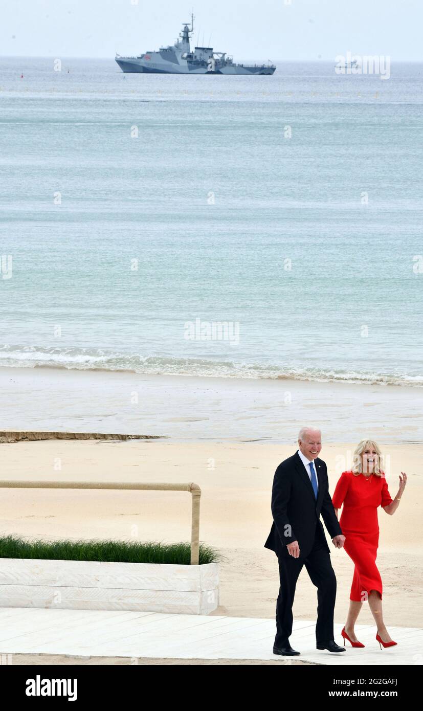 Newquay, UK. 11th June, 2021. A Naval ship provides security in the distance as U.S. President Joe Biden and his wife, First Lady Dr. Jill Biden, arrive for the official family portrait at the G7 summit in Cornwall, United Kingdom. Photo by Justin Goff/G7 Cornwall 2021/UPI Credit: UPI/Alamy Live News Stock Photo