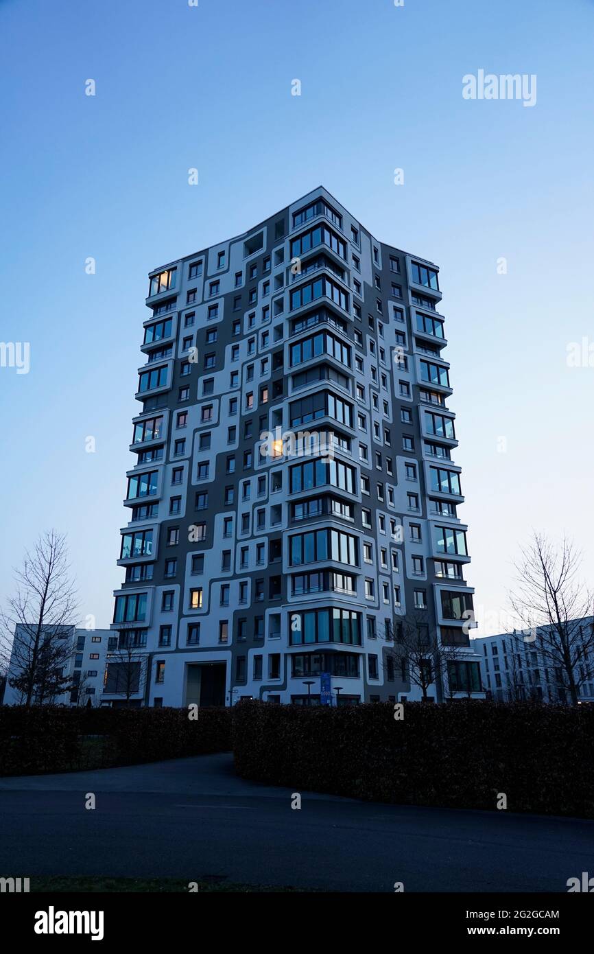 Germany, Bavaria, Munich, Munich-Sendling, high-rise apartment building, block of flats, in the evening, dusk Stock Photo