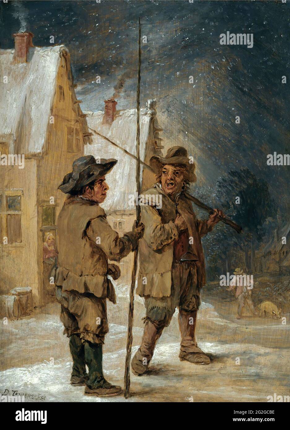 David Teniers -  a Winter Scene with Two Chimneys Weeps Conversing Before Some Cottages Stock Photo