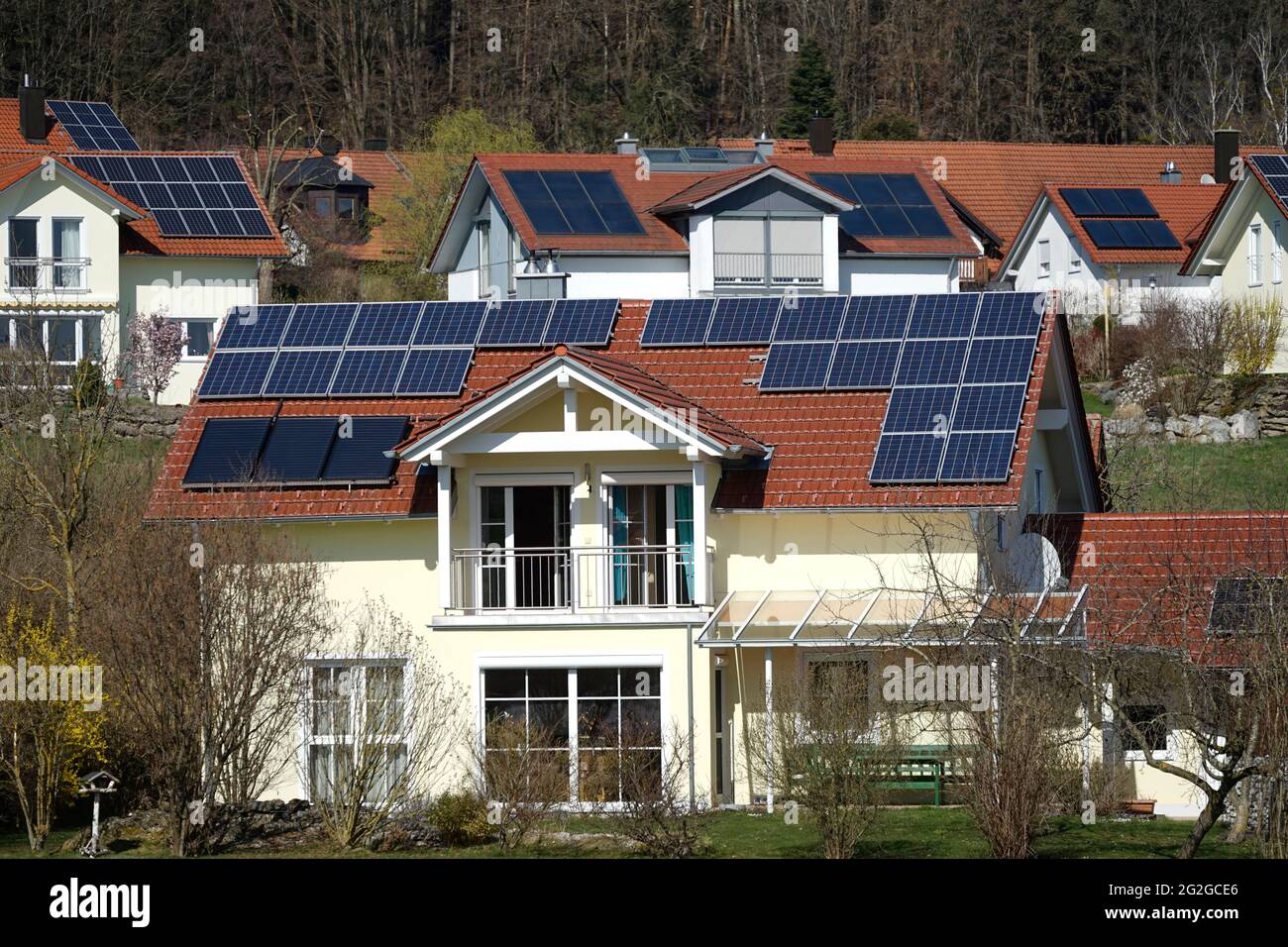 Germany, Bavaria, Upper Bavaria, Burghausen, single-family houses with photovoltaic systems Stock Photo