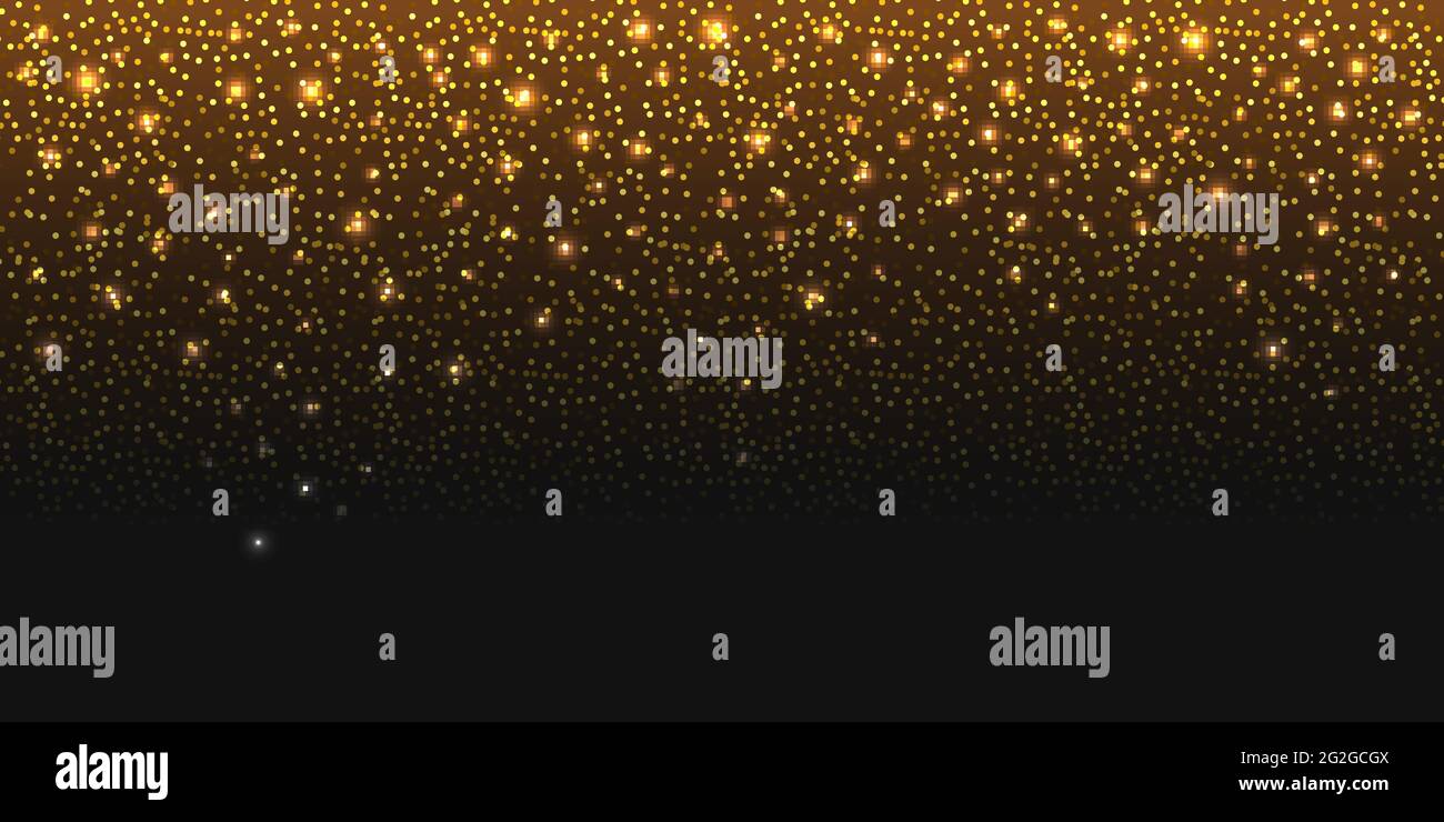 Golden glitter sparkles and glowing luminous stardust on dark ...