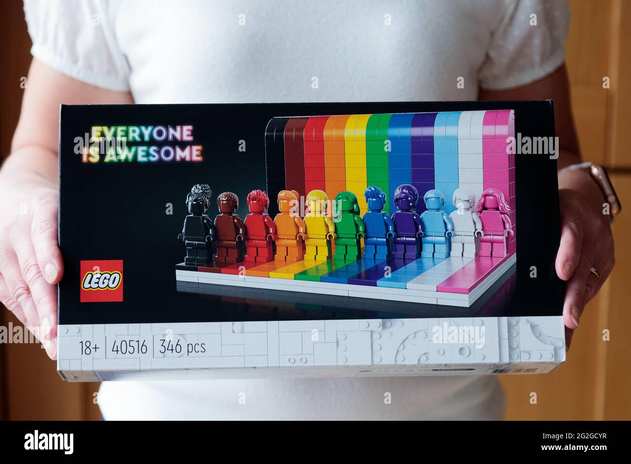 The Everyone is Awesome set by Lego. A colourful new set celebrating diversity, positivity and kindness with eleven figures and a coloured brick wall Stock Photo