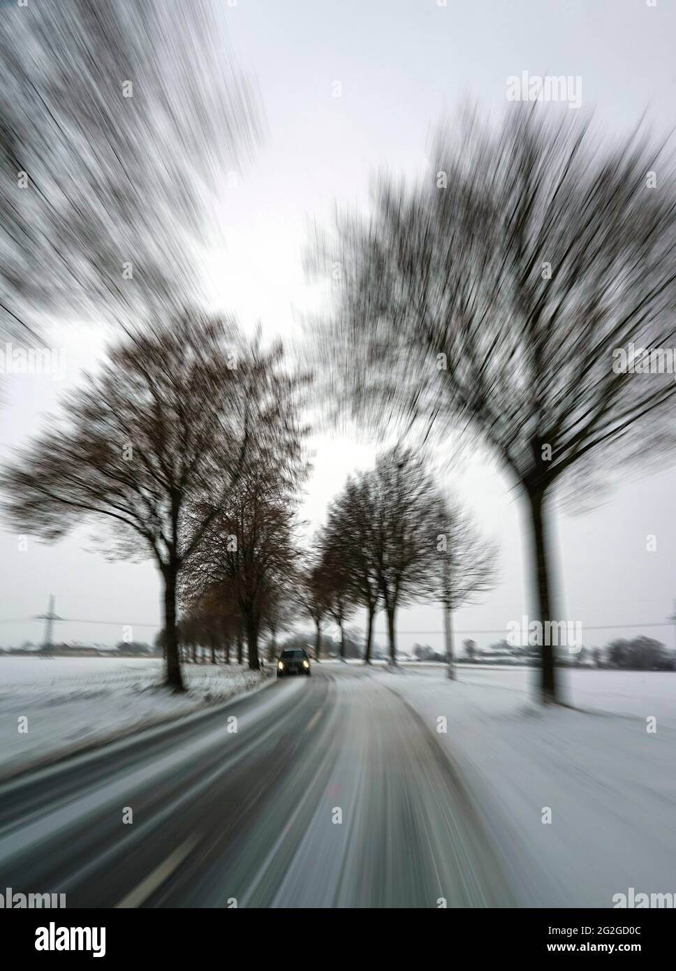 Germany, Bavaria, Upper Bavaria, Altötting district, country road, avenue, car, winter, overcast, zoomed Stock Photo