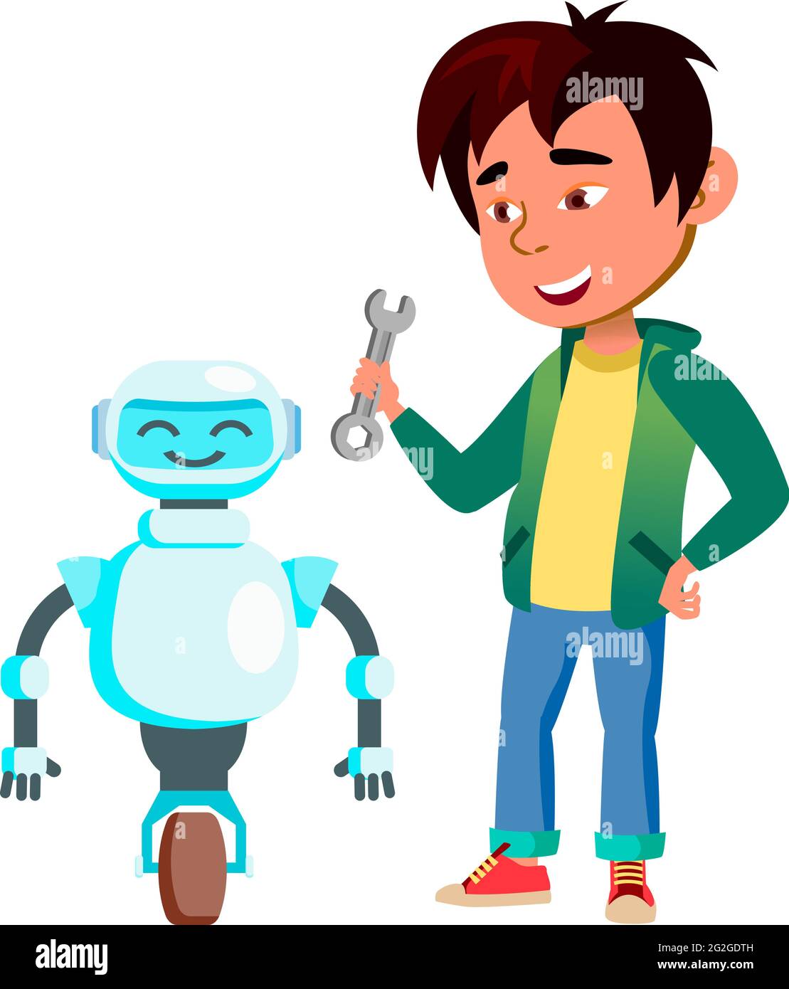 chinese boy repair robot at home cartoon vector Stock Vector