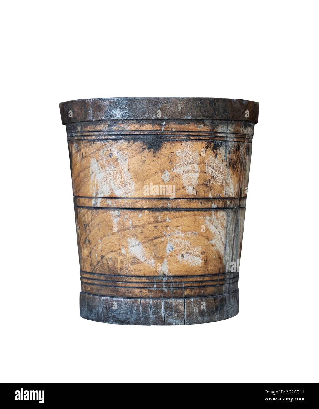 front view closeup of aged wooden bucket with metal rings isolated on white background Stock Photo