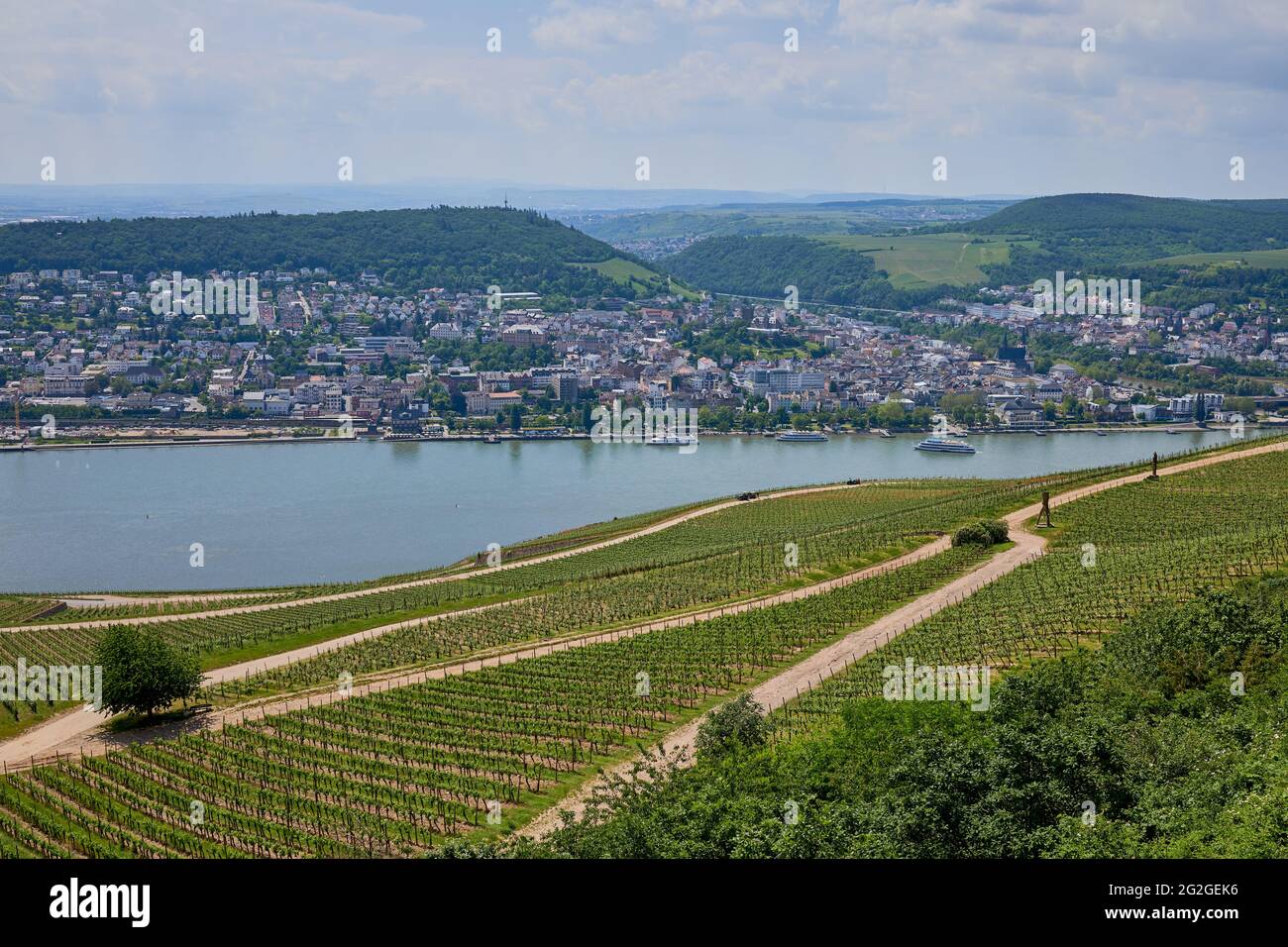view from Germania in Ruedesheim, Germany to the city Bingen in Rhineland-Palatinate Stock Photo