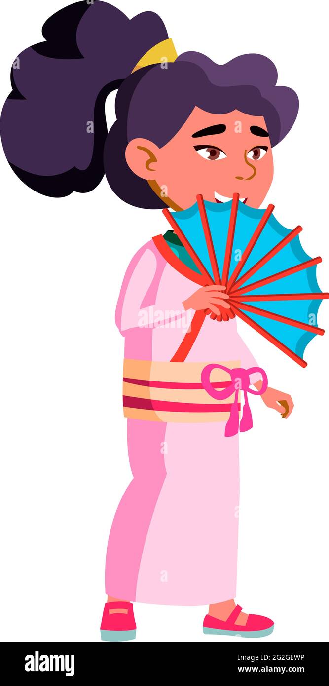 chinese girl in traditional clothing waving fan at home cartoon vector Stock Vector