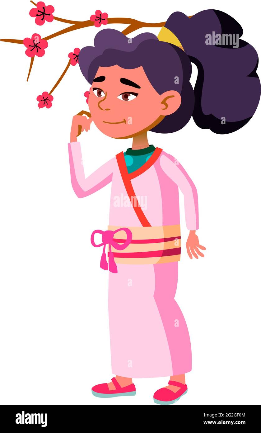 japanese girl kid in national clothes walking in sakura garden cartoon vector Stock Vector