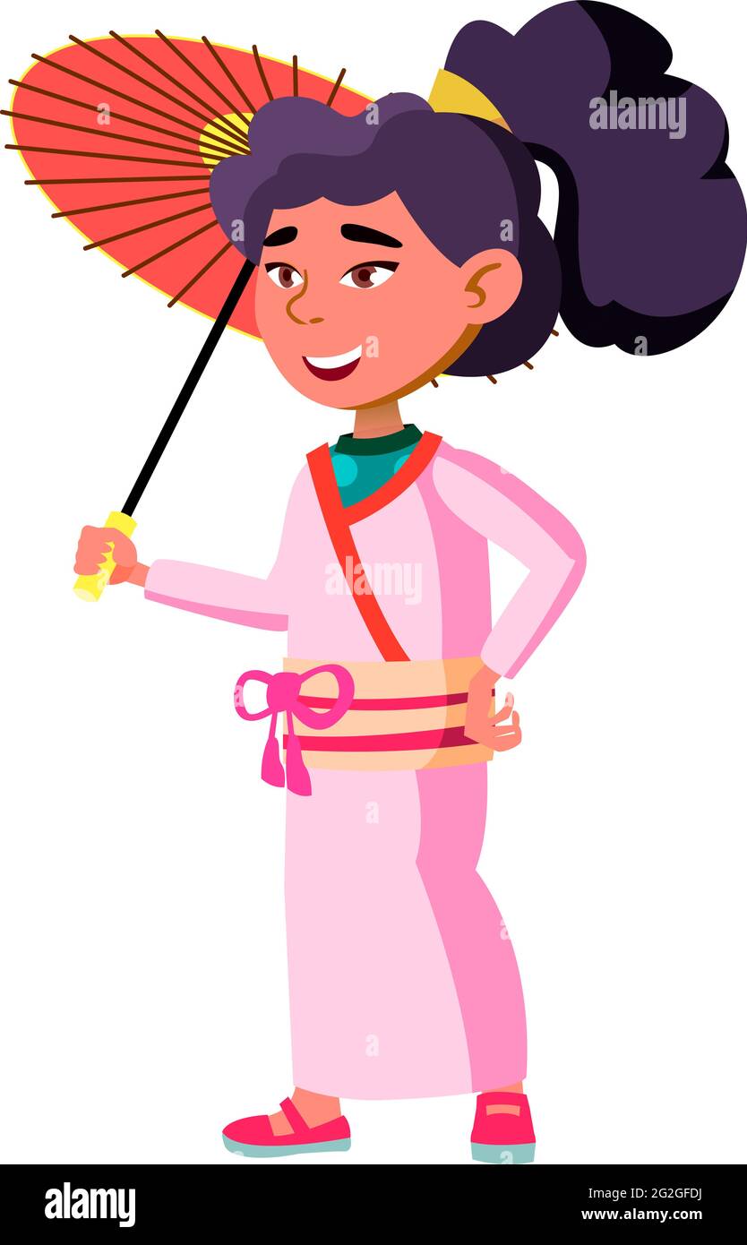 cute japan girl in national clothing walking with umbrella in park cartoon vector Stock Vector