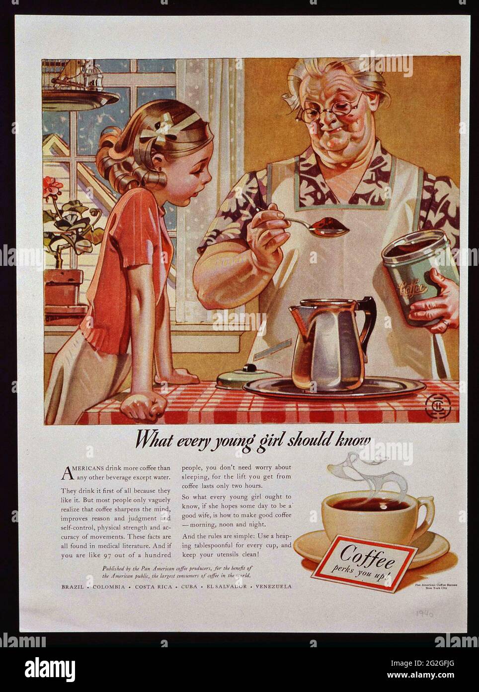 Vintage coffee ad -stereotypical-"What Every Young Girl Should Know." The  American Coffee Bureau, 1940 Stock Photo - Alamy