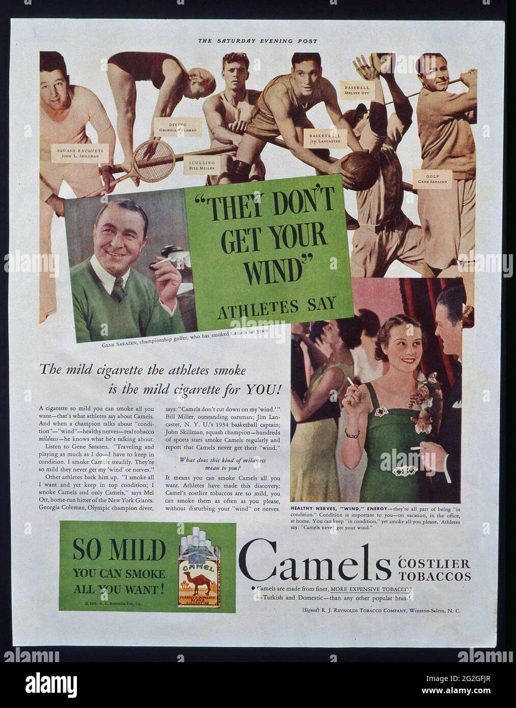 1935 Saturday Evening Post advertisement for Camel cigarettes showing  various athletes endorsing smoking Camels-"They Don't Get Your Wind-Athletes  say Stock Photo - Alamy