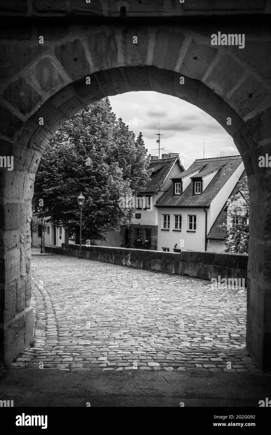 Street in Nuremberg, Germany. German cityscape, black and white photography Stock Photo