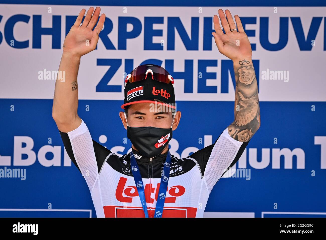 Australian Caleb Ewan of Lotto Soudal celebrates on the podium after
