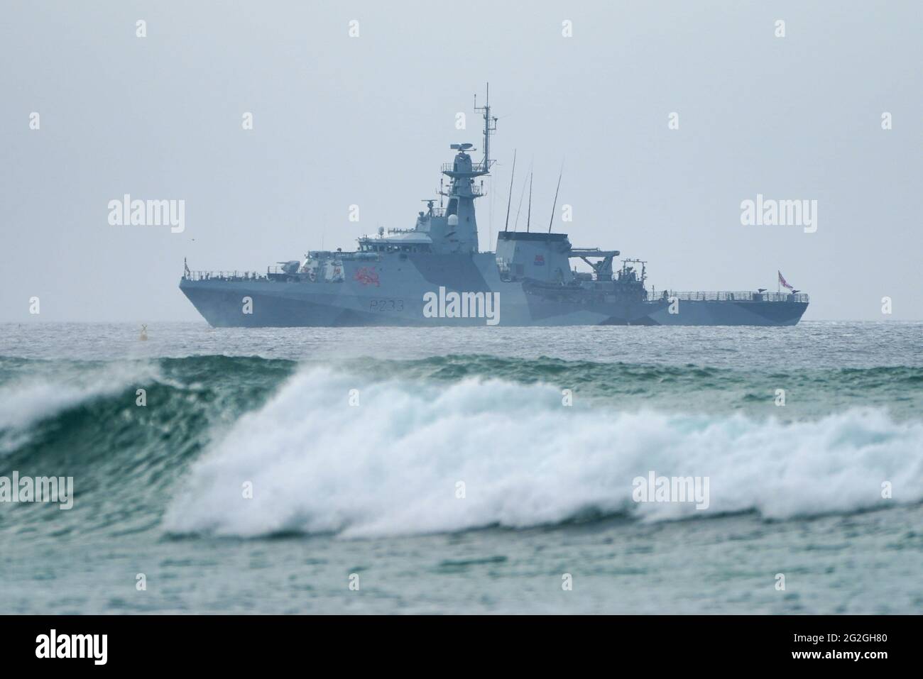 HMS Tamar off the coast at St Ives, during the G7 summit in Cornwall. Picture date: Friday June 11, 2021. Stock Photo