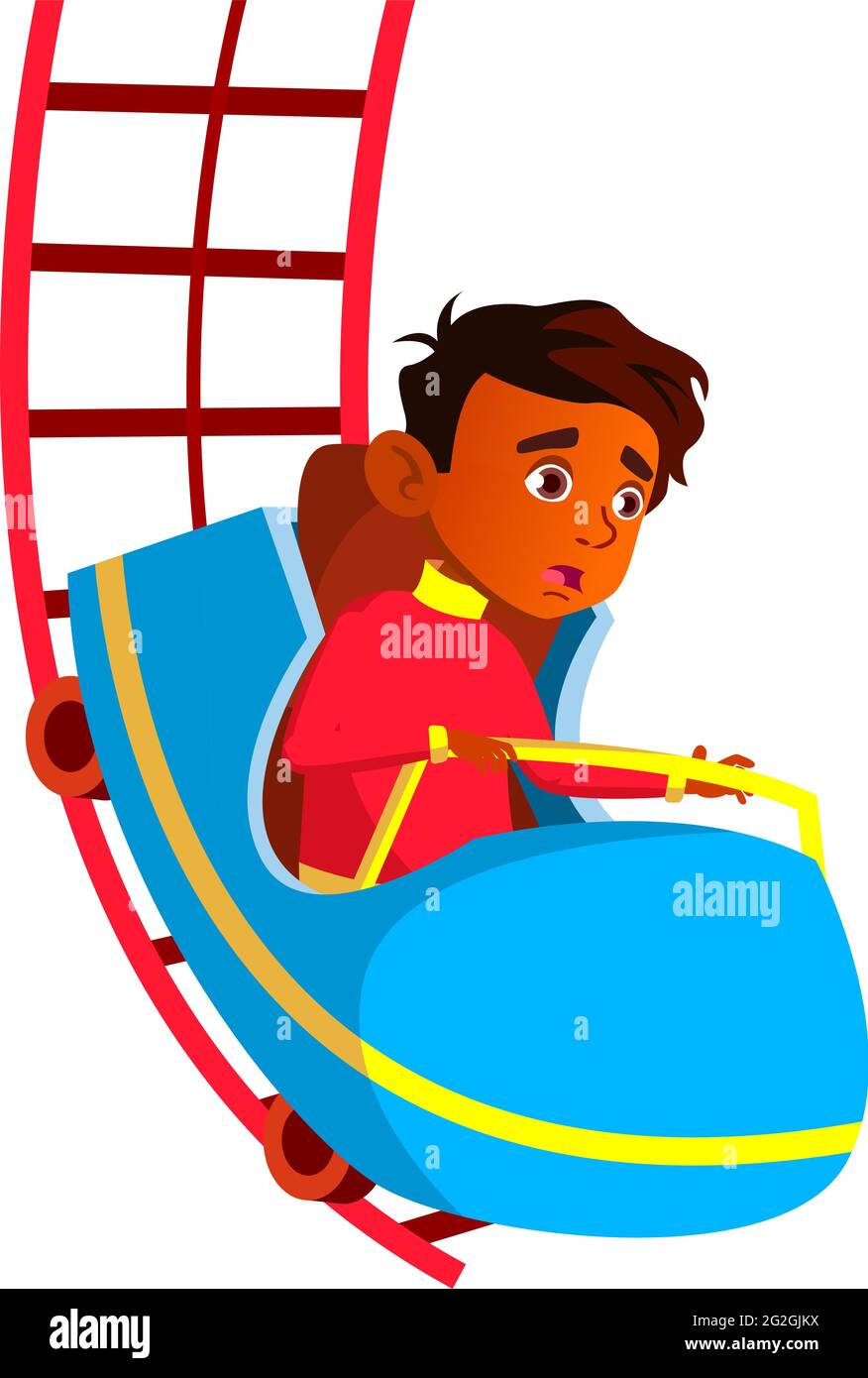 scared indian boy riding roller coaster in amusement park cartoon vector Stock Vector