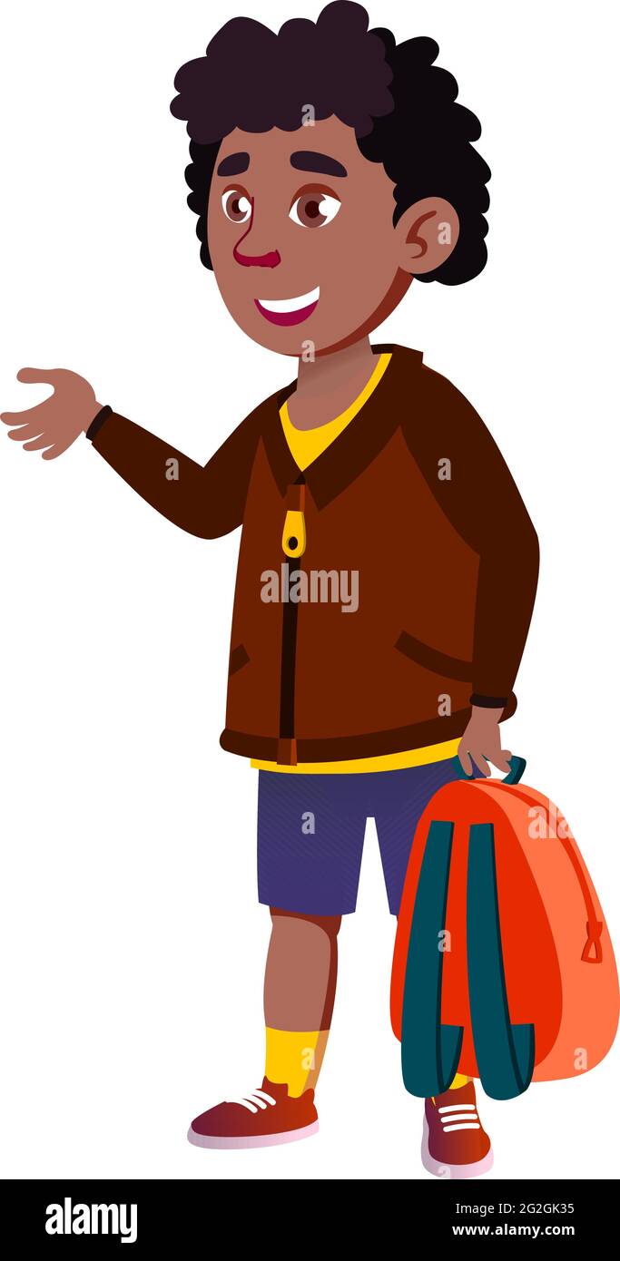 happy african boy pupil with backpack at school cartoon vector Stock ...