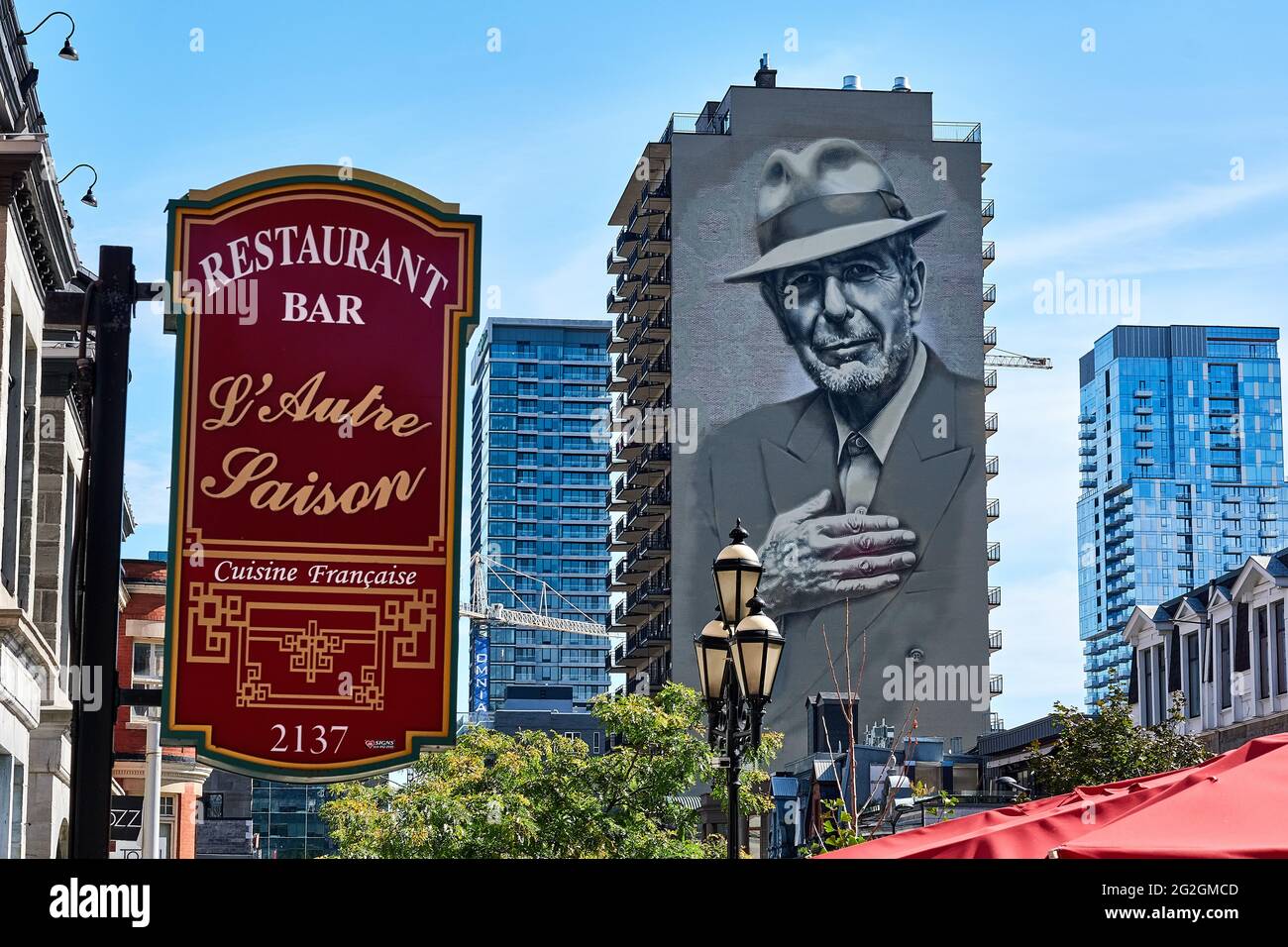 The giant mural of Leonard Cohen painted on a residential building in downtown Montreal, Quebec