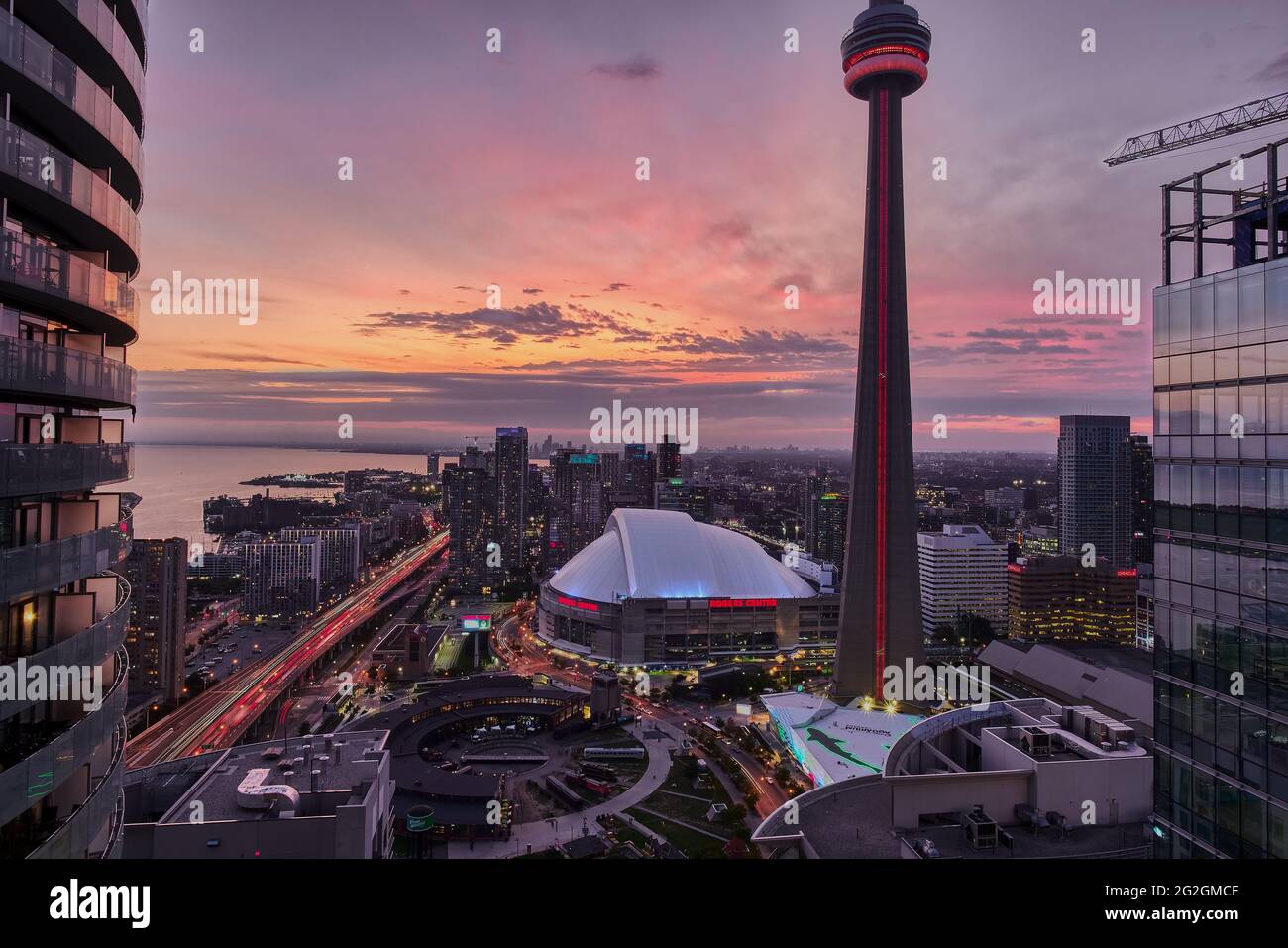 Panoramic view of the CN Tower, Ripley's Aquarium and the Rogers Centre