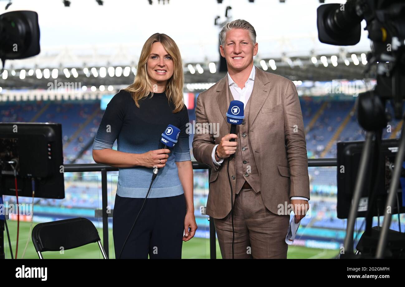 Rome, Italy. 11th June 2021. Football: European Championship, preliminary round, Group A, Turkey - Italy at the Stadio Olimpico di Roma. Jessy Welmer, ARD presenter, and Bastian Schweinsteiger, ARD TV expert, are in the stadium. Important: For editorial news reporting purposes only. Not used for commercial or marketing purposes without prior written approval of UEFA. Images must appear as still images and must not emulate match action video footage. Stock Photo