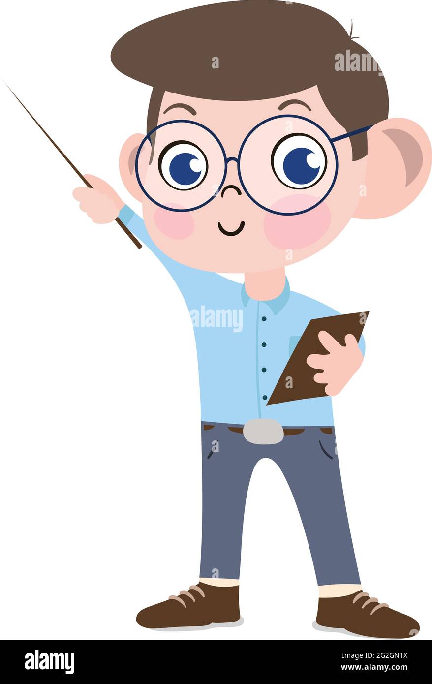 A Cute and Adorable Child Character in Cartoon Style. Kindergarten Preschool kid Dressed as college professor. Small Kid pointing towards blackboard. Stock Vector